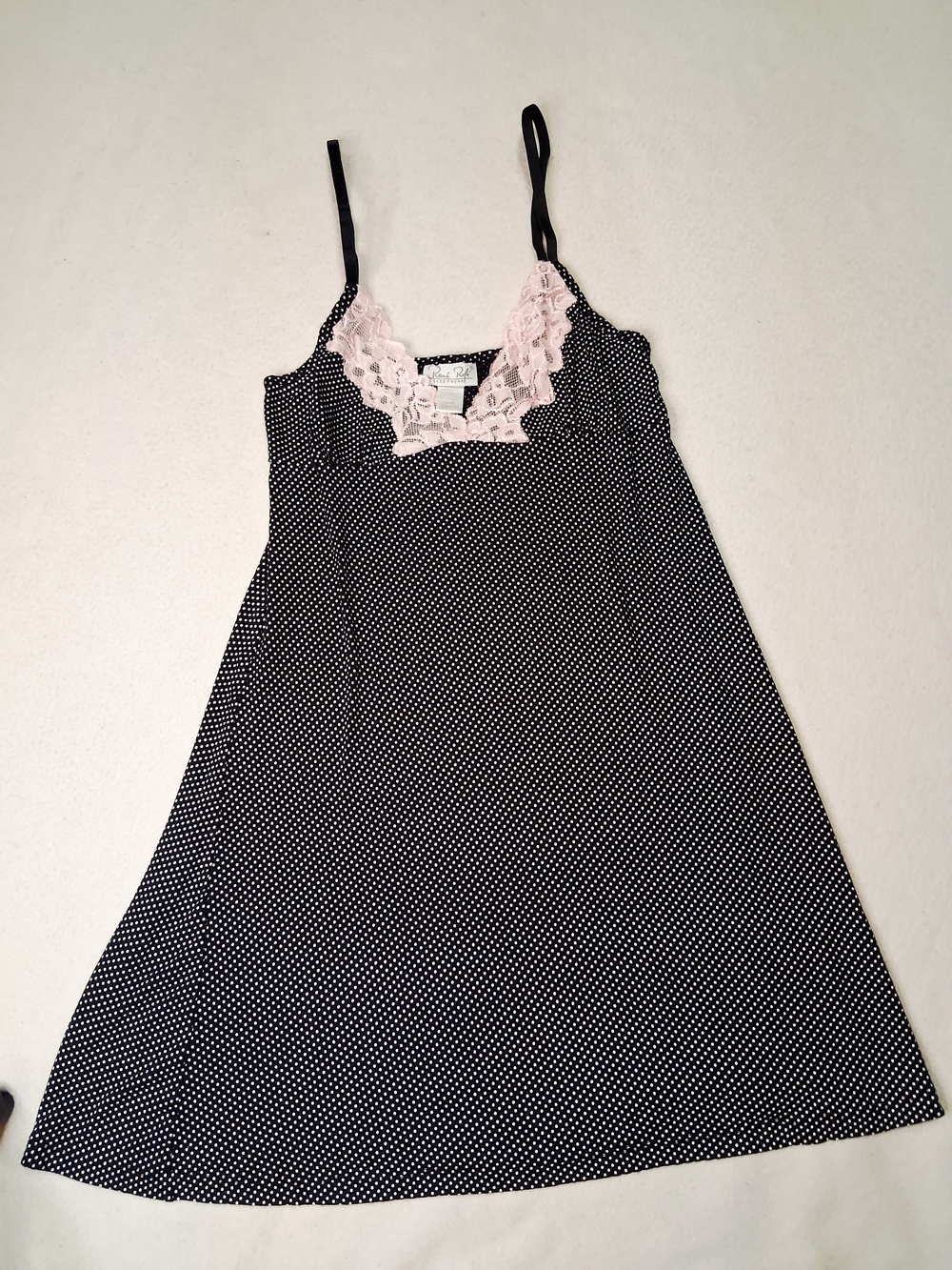 Rene Rofe Black Polka Dot Chemise with Pink Lace